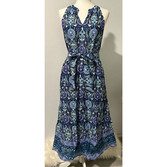 Talbots 6P Floret Medallion maxi dress cinched tie waist - Picture 2 of 9